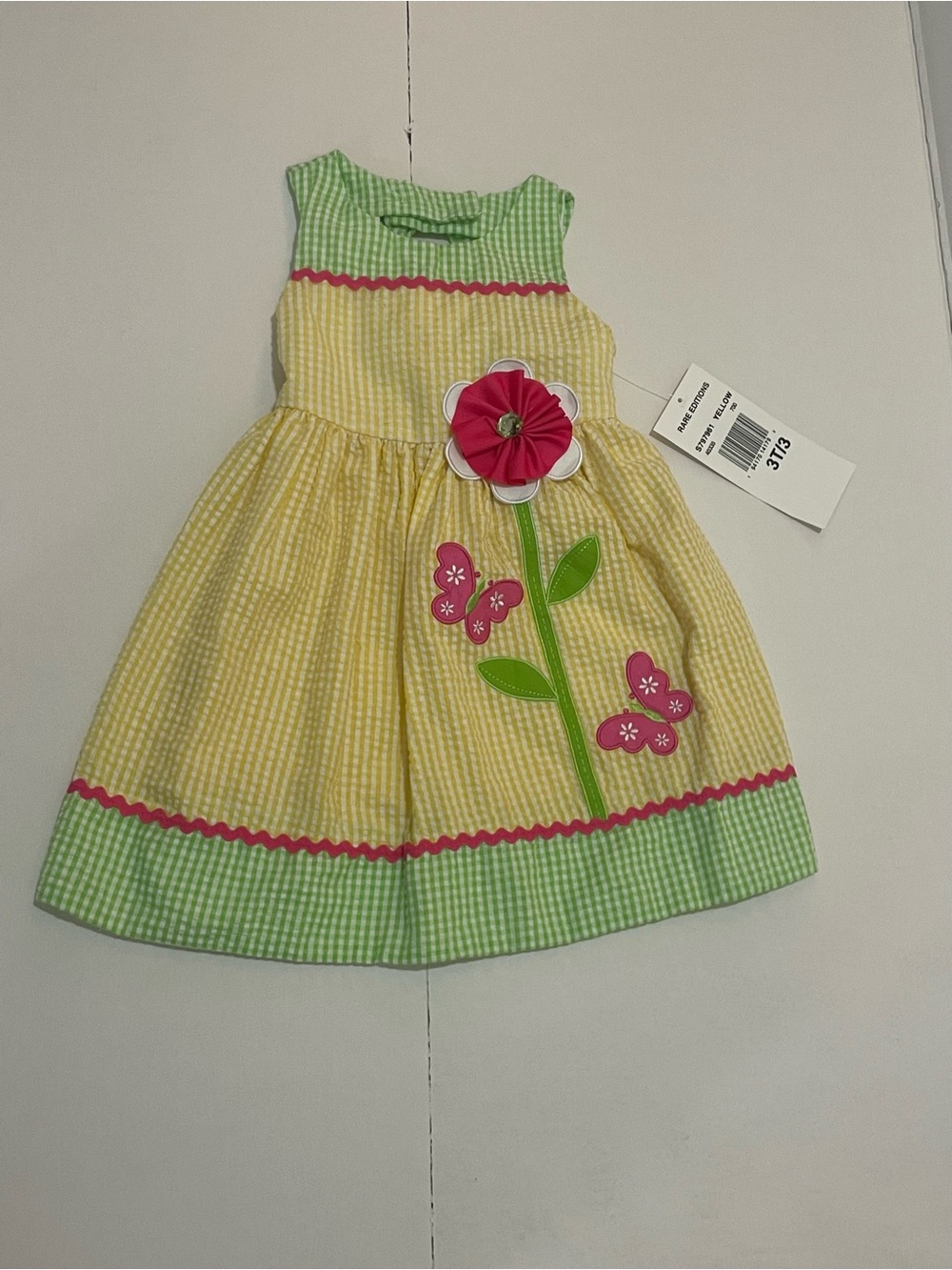 Rare Editions Yellow & Green Gingham Floral Appliqué Dress